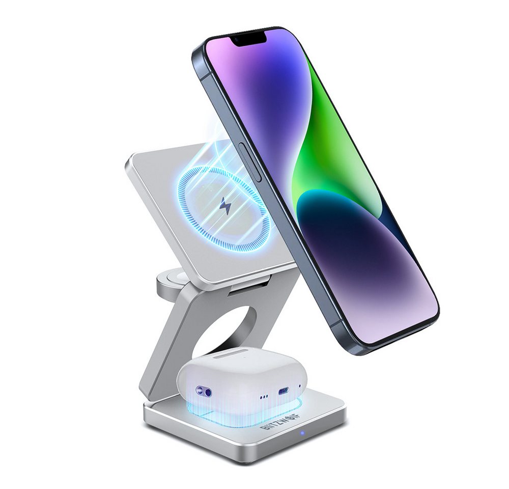 BLiTZWOLF Kabelloses Ladestation (3-in-1 15W Faltbares Wirless Ladegerät, Schnelle Magnetische Ladestation für iPhone Apple Watch und AirPods) von BLiTZWOLF