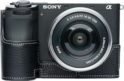 BMAOLLONGB A6700 Kameratasche, handgefertigt, echtes Leder, halbe Kameratasche für Sony-Alpha-A6700 Kamera mit Öffnung unten + Handschlaufe (schwarz) von BMAOLLONGB