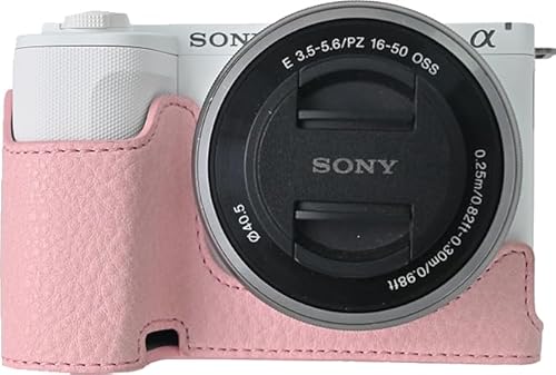 BMAOLLONGB ZV-E10 II Schutzhülle, handgefertigt, PU-Litchi-Leder, halbe Kameratasche mit Öffnung unten für Sony Alpha ZV-E10 II, mit Umhängeband, Rosa von BMAOLLONGB