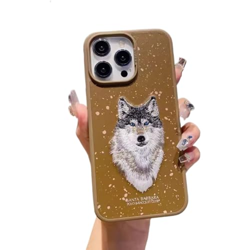 BMLLQSS Stilvolle, stoßfeste Handyhülle für iPhone 15 Pro Max/15 Pro/15 – handbesticktes Tiger/Wolf/Schneeleopard-Designs, einzigartiges Stoffkunstdesign (iPhone 15 Plus, Wolf) von BMLLQSS