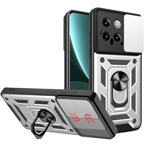 BOKYAS Armor Hülle für Xiaomi 14 5G mit Slide Kameraschutz Cover und Ring Ständer [Handyhülle Kompatibel Mit Auto Magnet] Militärischer Stoßfeste Case, Silber von BOKYAS