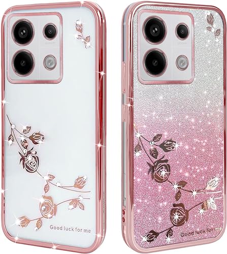 BOKYAS Clear Glitter Case for Xiaomi Redmi Note 13 Pro 5G/Poco X6 5G, Glitter Transparent Shockproof Mobile Phone Case, Cute Bling Silicone Protective Case for Women and Girls, Roségold von BOKYAS