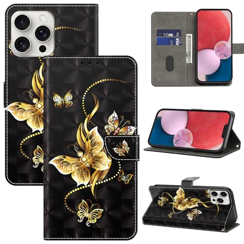 BOLELAW Handyhülle für iPhone 16 Pro Max Hülle Leder Flip Klappbare Stoßfeste [Premium PU Leder] [Standfunktion] [Kartenfächern] Schutzhülle Klapphülle für iPhone 16 Pro Max, Golden Butterfly von BOLELAW