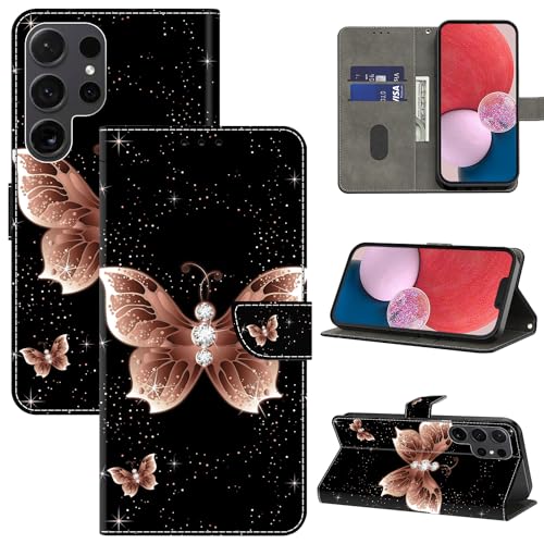 BOLELAW Hülle für Samsung Galaxy S24 Ultra mit [Magnetverschluss] [Flip-Funktion] [Kartenfächern] Flip Case Leder Schutzhülle Stylische Klapphülle, Rosa Schmetterling von BOLELAW