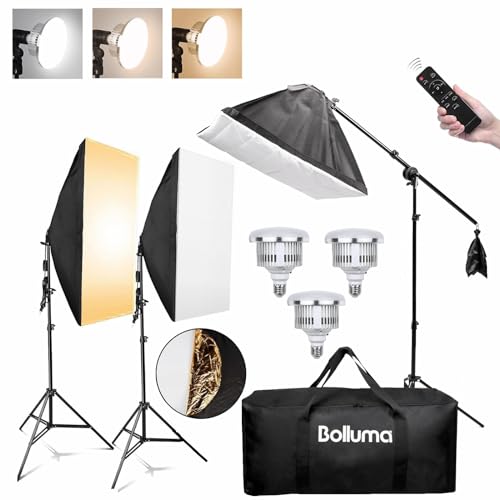 BOLLUMA 3X Softbox Set, zweifarbige 85W E27 3000-6500K LED Glühbirne mit Fernbedienung, 2m Lichtstativ mit Auslegerarm und 5in1 Reflector, Tragetasche für Fotostudio Studio-Porträts Produktfotografie von BOLLUMA