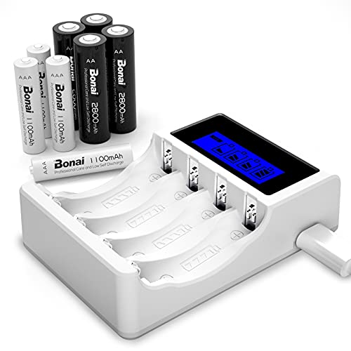 BONAI Akku Ladegerät 4 Slot Batterieladegerät LCD Akkuladegerät Intelligent Battery Charger für AA/AAA NI-MH NI-CD Wiederaufladbare Batterien mit 4 Stück NI-MH 2800mAh AA&1100mAh AAA Akkus von BONAI