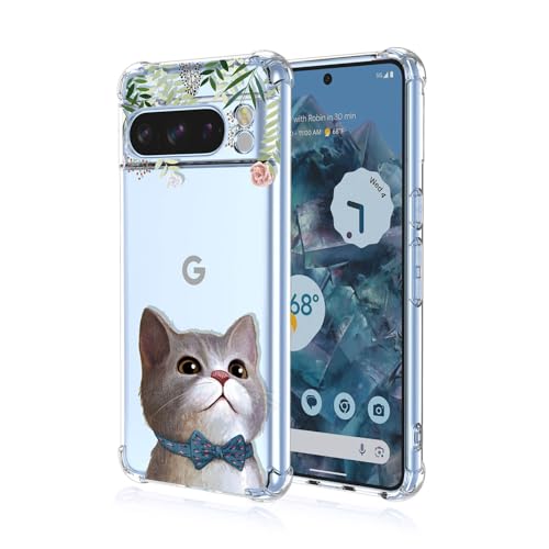 BORYA Hülle für Google Pixel 8 Pro, Stoßfest Weiches Transparent Silikon TPU Bumper Handyhülle Ultra Dünn Seidig Hochwertiges Elegant Schutzhülle, Blumen + Katze von BORYA