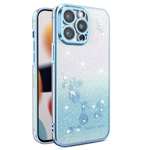 BORYA Silikon Hülle für Oppo A94 5G / Oppo A95 5G, Stoßfest Ultra Dünn Weiches TPU Handyhülle, Elegant Galvanisierter Glitzer Diamant Blumen Schutzhülle mit Gradient Karte, Blau von BORYA