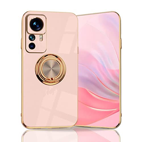 BORYA Ultra Dünn Hülle für Xiaomi 12T Pro 5G, Stoßfest Handyhülle, TPU Bumper Weiches Silikon Schutzhülle mit Galvanisieren Goldkante 360°Ring Ständer, Pink von BORYA