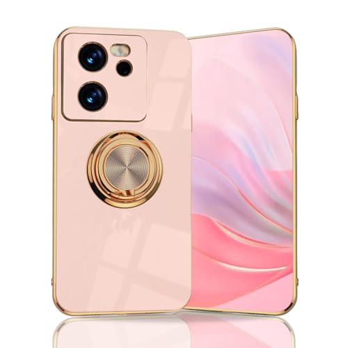 BORYA Ultra Dünn Hülle für Xiaomi 13T 5G/Xiaomi 13T Pro 5G, Stoßfest Handyhülle, TPU Bumper Weiches Silikon Schutzhülle mit Galvanisieren Goldkante 360°Ring Ständer, Pink von BORYA