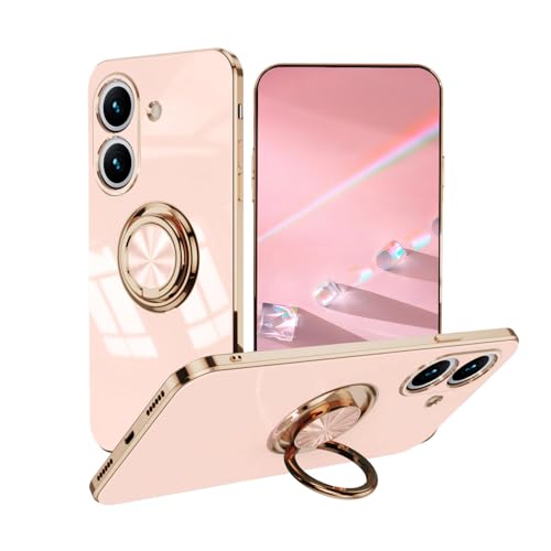 BORYA Ultra Dünn Hülle für Xiaomi Poco C65/Redmi 13C 4G, Stoßfest Handyhülle, TPU Bumper Weiches Silikon Schutzhülle mit Galvanisieren Goldkante 360°Ring Ständer, Pink von BORYA