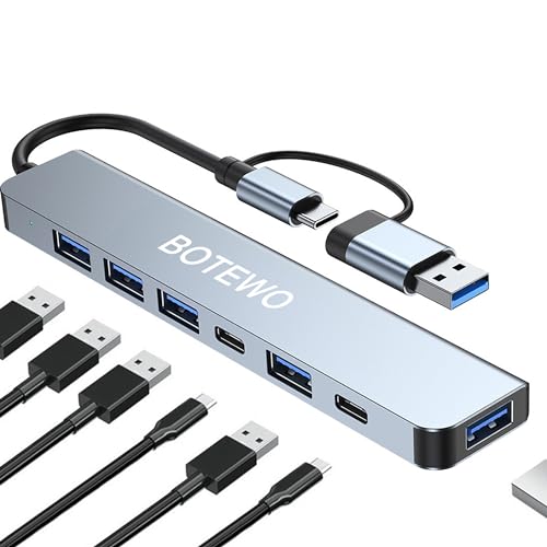 USB C Multiport Adapter: 7-Port USB Hub - USB C Docking Station, USB Splitter, USB Dongle mit 1 USB 3.0, 4 USB 2.0 und 5W PD Ladehub Kompatibel mit MacBook Air/Pro, iPad Pro, Windows von BOTEWO