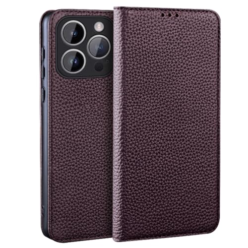 BOVROTIN Flip Case für iPhone 16 Pro Max/16Plus/16Pro/16, Luxus Echt Leder Abdeckung Magnetischer Verschluss Lychee Textur Folio Telefon hülle, Braun, 16 Pro von BOVROTIN