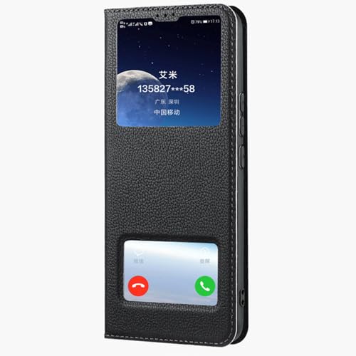 BOVROTIN Flip Fall für iPhone 16 Pro Max/16Plus/16Pro/16, Luxus Ansicht Echtes Leder Fall Hohl Folio Stand Magnetische Verschluss Telefon Abdeckung, Schwarz, 16 Pro von BOVROTIN