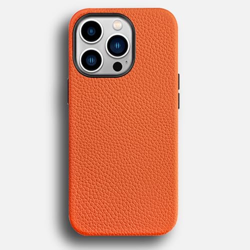 BOVROTIN Magnetischer Fall für iPhone 16 Pro Max/16Plus/16Pro/16, Echtes Leder handgemachte Hülle Faser Futter schlanke Drop Schutzhülle, Orange,16 Pro von BOVROTIN