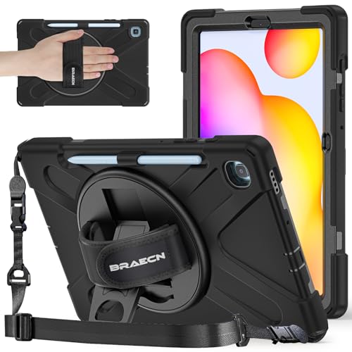 BRAECNstock Schutzhülle für Samsung Galaxy Tab S6 Lite 10.4 2020 SM-P610/P615, robust, mit 360 Grad drehbarem Ständer, Hand- und Schultergurt, Stifthalter Zoll (25,6 cm), Schwarz von BRAECNstock