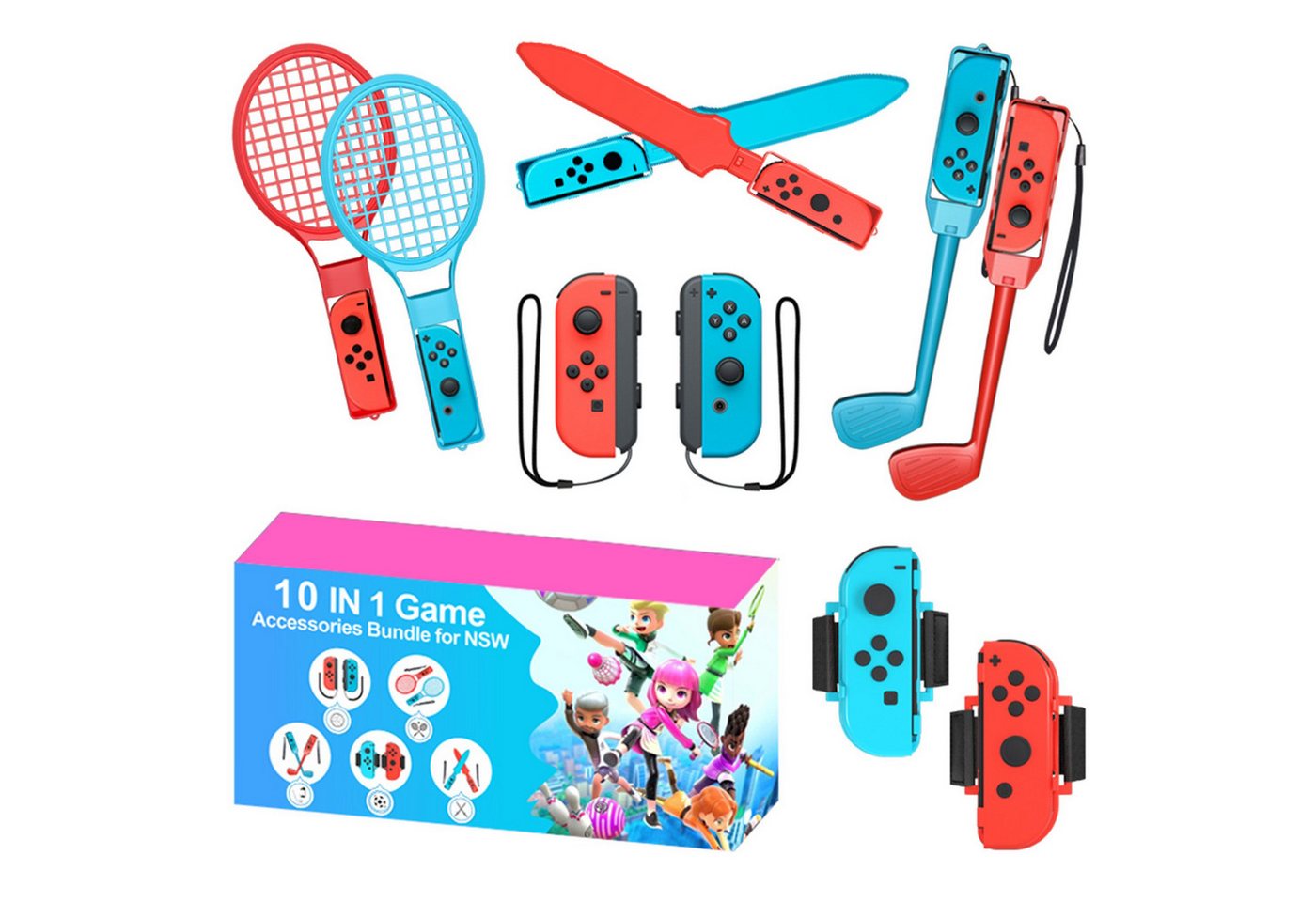 BRAIDOL 10-in-1 Switch Controller Spiele Zubehör Sets Nintendo Switch Sports Controller (10-in-1-Familien Party Pack Spielzubehör Set Kit, 10 St., für Switch OLED Sportspiele) von BRAIDOL