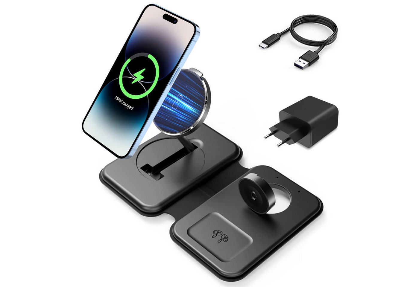 BRAIDOL Ladestation, Kabelloses Ladegerät 3 in 1 Induktive Ladegerät Wireless Charger (Induktive Ladestation,Handy Charging Station, für iPhone, Apple iWatch,iPhone Airpods gleichzeitig kabellos aufladen) von BRAIDOL