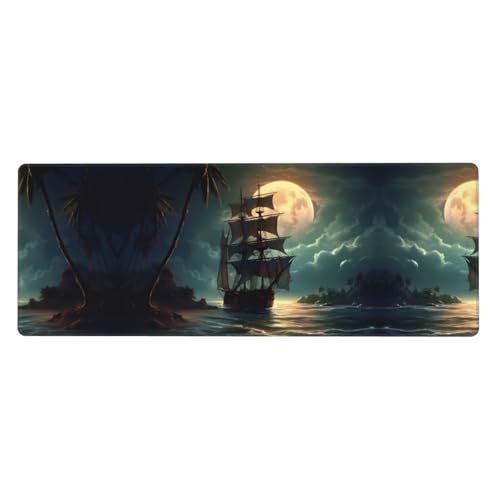 Mauspad mit Piraten-Segelboot-Vollmond-Druck, übergroßes Gummi-Mauspad, verdicktes Design, 80 x 30 cm, geeignet für Büro, Gaming von BROLEO