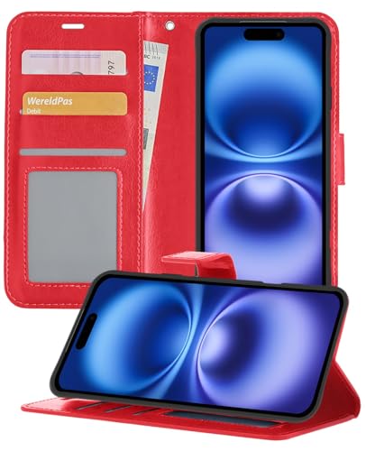 BTH Hülle für iPhone 16 Plus Bookcase Hülle mit Kartenfach Portemonnaie Etui Mit 2X Displayschutzfolie - Rood von BTH