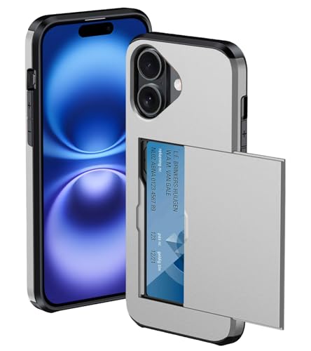 BTH Hülle für iPhone 16 Plus Kunststoffhülle mit Kartenfach, Stoßfestes Backcover, Dünnes Design Mit 2X Displayschutzfolie - Grijs von BTH