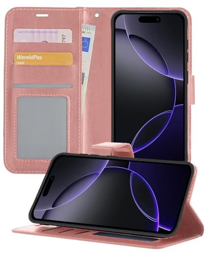 BTH Hülle für iPhone 16 Pro Max Bookcase Hülle mit Kartenfach Portemonnaie Etui Mit 2X Displayschutzfolie - Rosé Goud von BTH