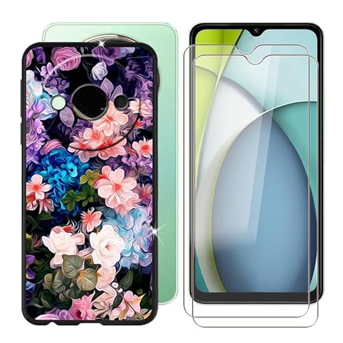 BUNAL für Redmi A3x (6.71") Handyhülle + Displayschutz(2 Sätze), Silikon Hülle rutschfeste Stoßkasten Schale Schutzhülle + Gehärtetes Glas - Blumenbüschel von BUNAL