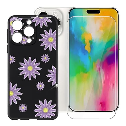 BUNALFaa Hülle für Apple iPhone 16 Pro Max (6.90") Schutzhülle Black Bumper Cover Sanft Silikon TPU Schale Case Handyhülle + Gehärtetes Glass schutzfolie Temperierte Folie - Kleine Violette Blumen von BUNALFaa