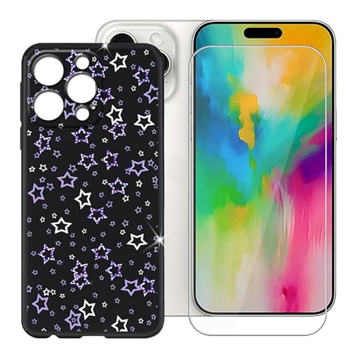 BUNALFaa Hülle für Apple iPhone 16 Pro Max (6.90") Schutzhülle Black Bumper Cover Sanft Silikon TPU Schale Case Handyhülle + Gehärtetes Glass schutzfolie Temperierte Folie - Voller Sterne von BUNALFaa