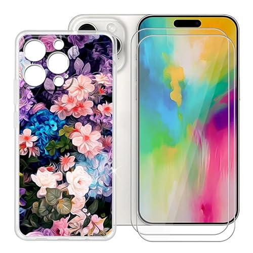 BUNALFaa Hülle für Apple iPhone 16 Pro Max (6.90") Schutzhülle Clear Bumper Cover Sanft Silikon TPU Schale Case Handyhülle + [2 Sätze] Gehärtetes Glass schutzfolie - Blumenbüschel von BUNALFaa