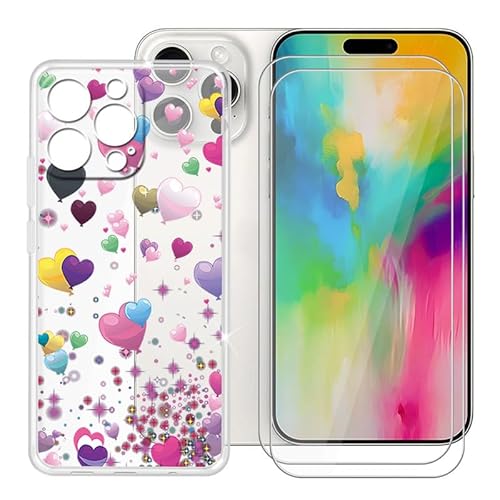 BUNALFaa Hülle für Apple iPhone 16 Pro Max (6.90") Schutzhülle Clear Bumper Cover Sanft Silikon TPU Schale Case Handyhülle + [2 Sätze] Gehärtetes Glass schutzfolie - Luftballons mit Liebe von BUNALFaa