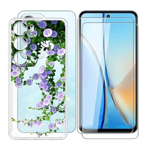 BUNALFaa Hülle für Vivo Y29 5G (6.68") Schutzhülle Clear Bumper Cover Sanft Silikon TPU Schale Case Handyhülle + [2 Sätze] Gehärtetes Glass schutzfolie - Lila Blumen von BUNALFaa