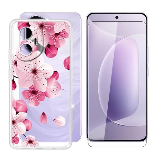 BUNALFaa für Honor 300 (6.70") Handyhülle + Gehärtetes Glas, Hülle rutschfeste Stoßfest Sturzsichere Schutzhülle Weich Silikon Case - Rosa Blumen von BUNALFaa