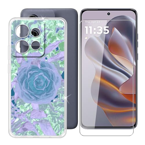 BUNALFaa für Motorola ThinkPhone 25 (6.36") Handyhülle + Gehärtetes Glas, Silikon Hülle rutschfeste Stoßfest Sturzsichere Transparent Schutzhülle - Lila Blume von BUNALFaa