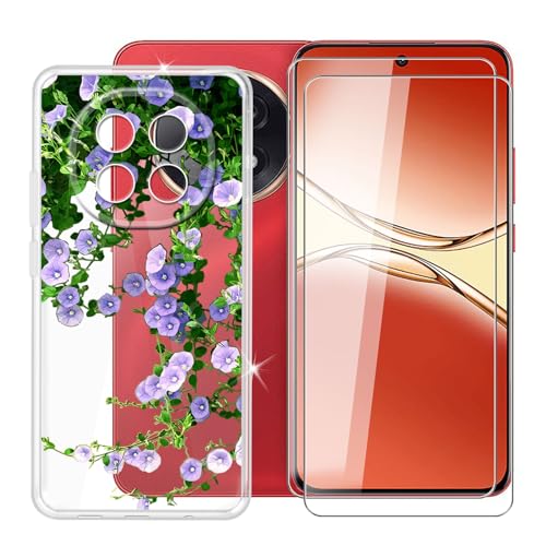 BUNALFaa für Oppo A5 Pro (6.70") Handyhülle + Displayschutz(2 Sätze), Silikon Hülle rutschfeste Stoßfest Sturzsichere Schutzhülle Weich Bumper Case - Lila Blumen von BUNALFaa