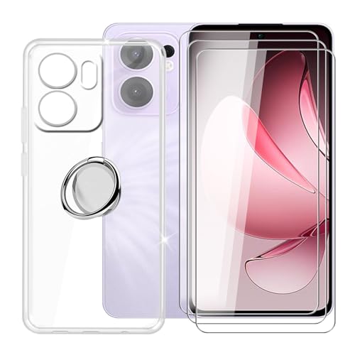 BUNALFaa für Oppo Reno13 F 5G (6.67") Handyhülle + Displayschutz(3 Sätze), Silikon Hülle rutschfeste Stoßfest Sturzsichere Schutzhülle Weich Bumper Case mit Handy Ring Handyhalter - Transparent von BUNALFaa