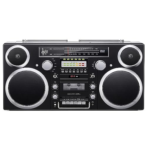 Retro Kassettenspieler Boombox, Tragbarer Bluetooth CD Player, AM/FM Radio, CD/USB/Kassette/Bluetooth/AUX Eingang, Eingebauter Lautsprecher, High Fidelity Kassette Boombox Schwarz von BWKFCMS