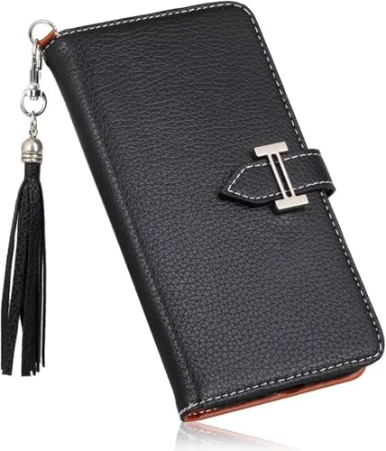 BXGGXBYSW Brieftaschen-Hülle für iPhone 15/15 Pro/ 15 Pro Max, zarte magnetische Schnalle, Leder-Klapphülle, Kartenfächer, Halter, Ständer, faltbares Folio-Cover mit Handschlaufe (schwarz, 15) von BXGGXBYSW