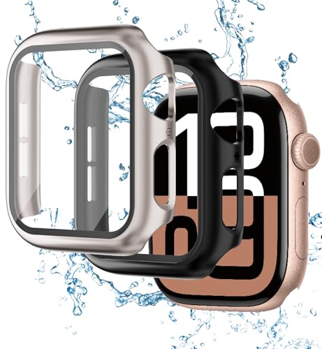 2 x Schutzhülle mit gehärtetem Glas für Apple Watch SE Serie 9 Serie 8 Serie 7 45 mm, schlanker Schutz, Stoßstange, vollständige Abdeckung, hartes Polycarbonat, ultradünne Abdeckung für iWatch 9/8/7, von BXUXOHS