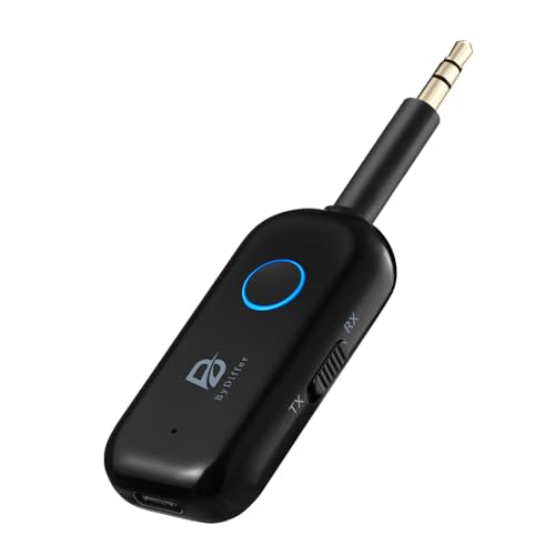 ByDiffer Bluetooth 5.2 Audio Sender Empfänger für Fernseher zu 2 Kabellosen Kopfhörern, Dual Link 3,5 mm Klinke, AptX Low Latency Aux Bluetooth Adapter für Auto, Flugzeug (Schwarz) von BYDIFFER