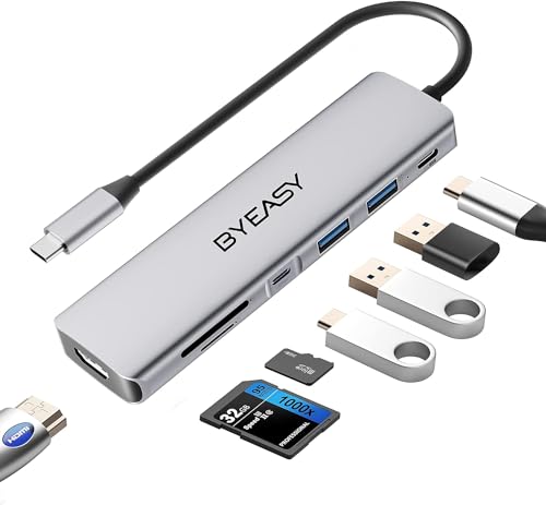 BYEASY USB C Hub, 7 in 1 USB C Splitter mit 4K HDMI, SD/TF Kartenleser, 100W Power Delivery, 0.71ft Kabel Ultra Slim USB C Adapter Kompatibel für Laptop und andere Typ C Geräte von BYEASY