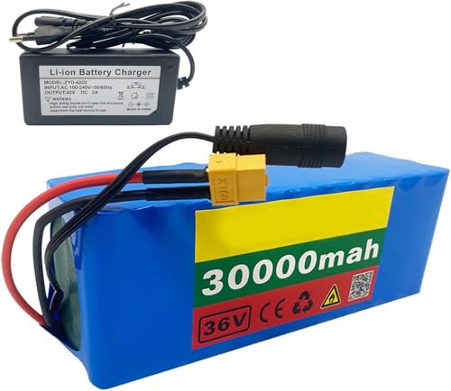 36V 30Ah 10S3P E-Bike Lithium-Ionen-Akkupack mit Ladegerät Eingebauter BMS-Schutz Ideal für 200-1200W Elektrofahrradmotor T-Stecker T Plug von BYOUQ