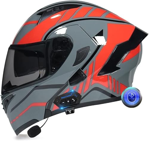 Integralhelm für Motorradfahrer, Bluetooth, faltbarer modularer Helm, integrierter Helm mit integriertem Lautsprecher, Headset und Mikrofon und Doppelvisier, ECE-geprüft A,L59-60CM von BYOUQ