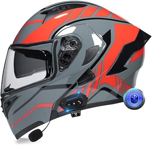 Integralhelm für Motorradfahrer, Bluetooth, faltbarer modularer Helm, integrierter Helm mit integriertem Lautsprecher, Headset und Mikrofon und Doppelvisier, ECE-geprüft B,XL61-62CM von BYOUQ