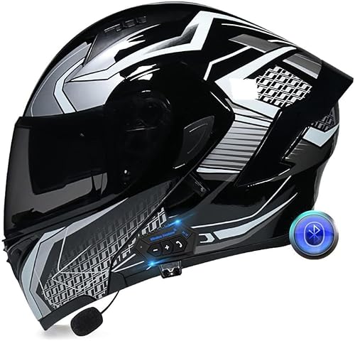 Integralhelm für Motorradfahrer, Bluetooth, faltbarer modularer Helm, integrierter Helm mit integriertem Lautsprecher, Headset und Mikrofon und Doppelvisier, ECE-geprüft K,XL61-62CM von BYOUQ