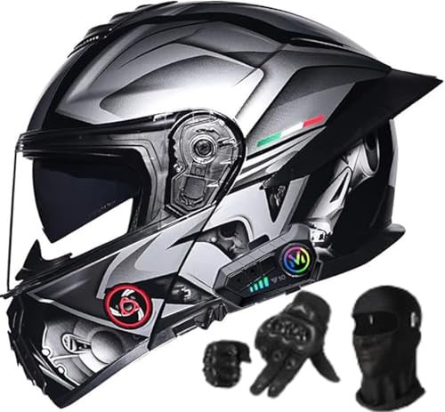 Motorradhelm Bluetooth Klapphelm Modularer Doppelvisierhelm Für Herren Helm ECE Zertifiziert Erwachsene Damen Herren Lautsprecher Mikrofon Geräuschunterdrückung F,M54-55CM von BYOUQ