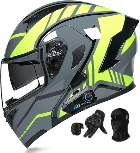 Motorradhelm Bluetooth Modularer Helm, Doppelvisier-Integralhelm mit Dual-Lautsprecher-Kopfhörern, automatische Antwort ECE-zugelassene Erwachsene Männer Frauen B,XL61-62CM von BYOUQ