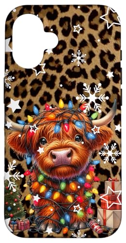 Hülle für iPhone 16 Niedliche Baby-Highland-Kuh Weihnachtsbeleuchtung auf Geparden-Druck von Baby Highland Cow Christmas