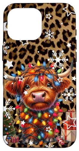 Hülle für iPhone 16 Pro Max Niedliche Baby-Highland-Kuh Weihnachtsbeleuchtung auf Geparden-Druck von Baby Highland Cow Christmas