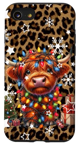 Hülle für iPhone SE (2020) / 7 / 8 Niedliche Baby-Highland-Kuh Weihnachtsbeleuchtung auf Geparden-Druck von Baby Highland Cow Christmas